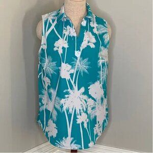 Chico's Sleeveless Aqua Palm Tree Print Wrinkle Resistant Popover Shirt